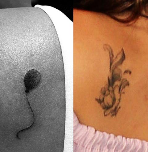 Janel Parrish's balloon and flower tattoo