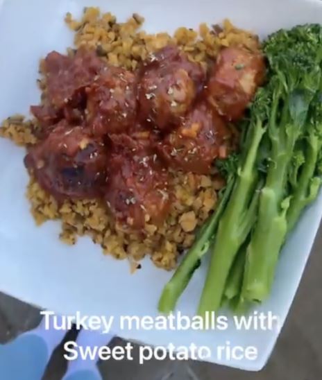 Zara's breakfast - turkey meatball and sweet potato rice